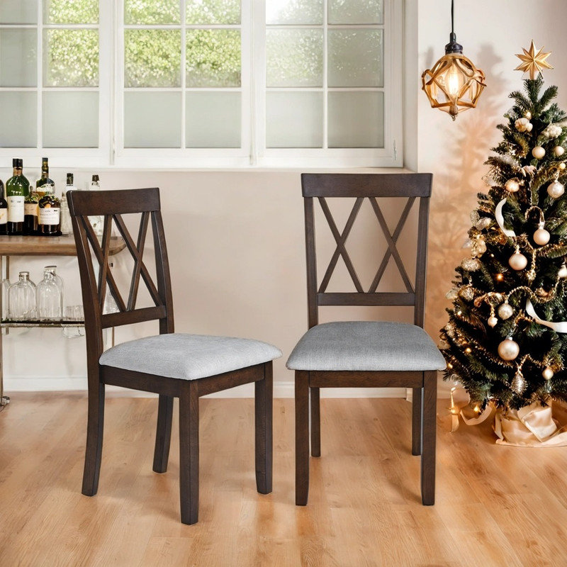 Chaises de salle à manger capitonnées et rembourrées avec pieds en bois massif, ensemble de 2, Bois brun foncé