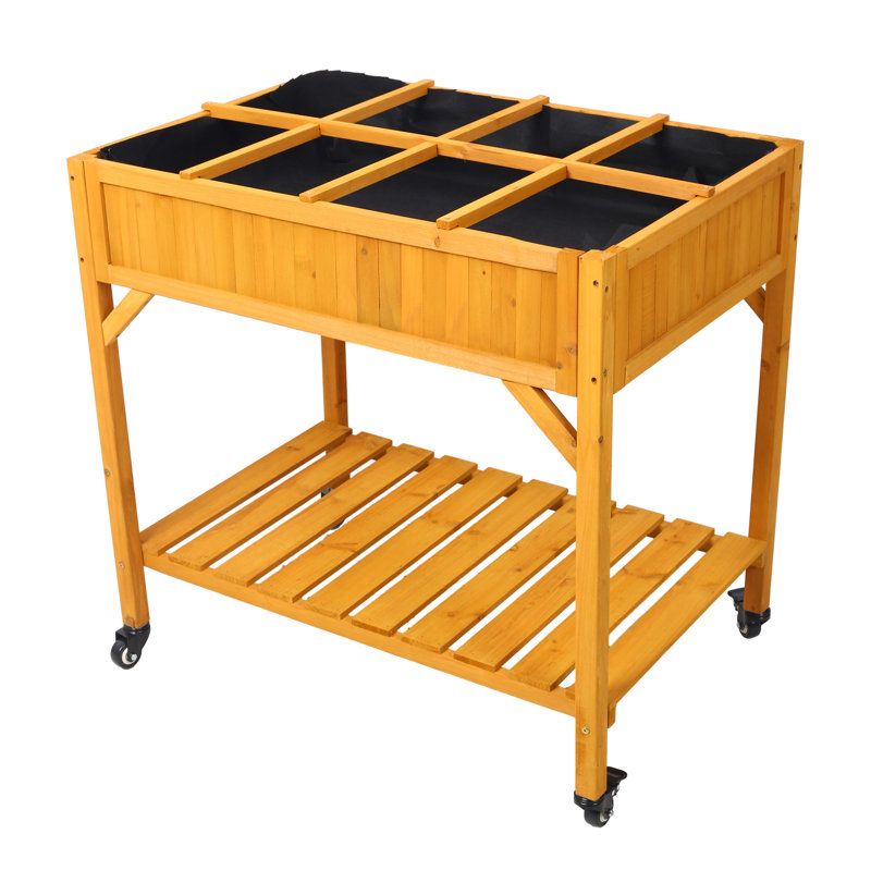 Elevated 8 Pocket Herb Garden Bed, Mobile Raised Customizable Wood Planter For Herbs, Vegetables, Flowers W/ Lockable Wheels, Storage Shelf, Drainage Holes