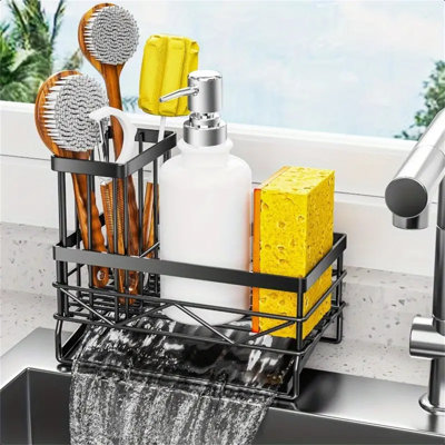 Rustproof Stainless Steel Kitchen Sink Caddy Organizer With Sponge Holder, Brush Storage, And Utensil Compartments - Black Metal Sink Accessories For Cleaner, Sponges, And Brushes, Kitchen Sink Accessories