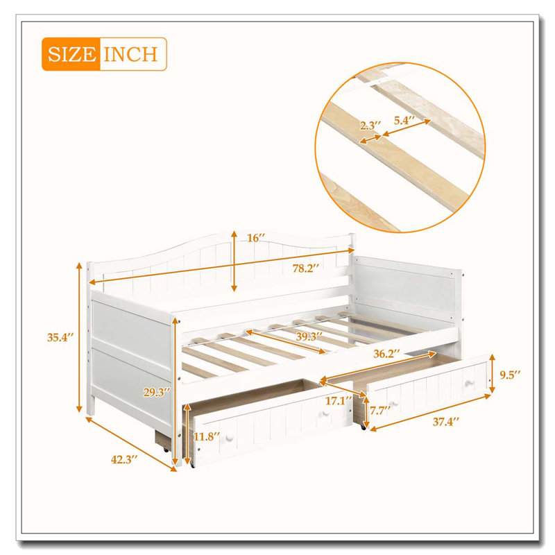 Wooden Daybed with 2 drawers, White