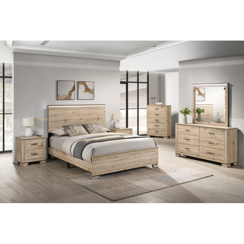 Ensemble de chambre à coucher rustique avec tête de lit à DEL, Chêne, 5 pièces : Lit, 2 tables de chevet, commode, miro