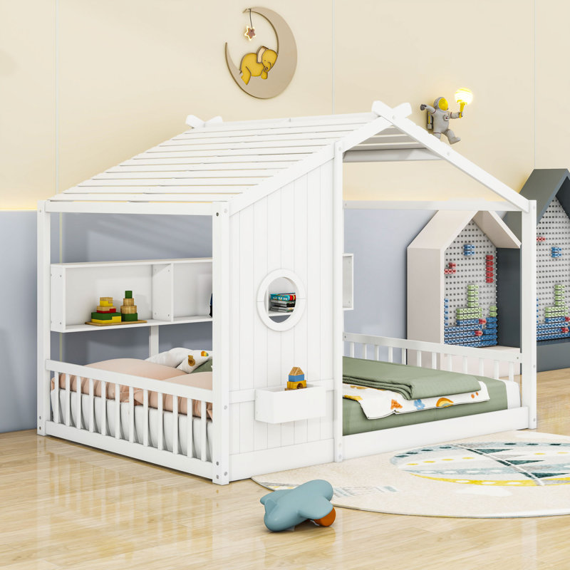 Lit sur pied avec tablette de rangement, Double, Blanc