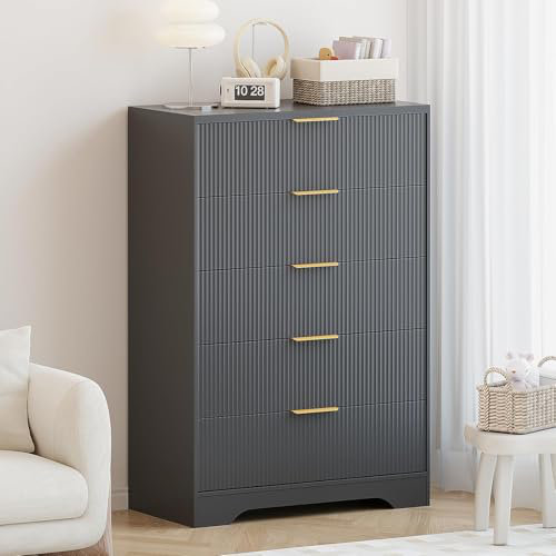 Dresser for Bedroom with 5 Drawers, Wave Fluted Modern Chest of Drawers, Tall Wood Storage Organizer, Black