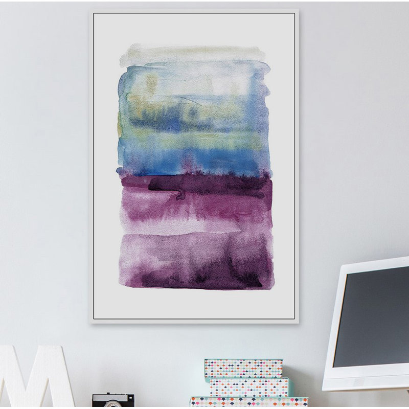 « au-delà du horizo », reproduction de peinture à l’aquarelle sur toile encadrée en bleu/mauve, H 18 po x l 12 po