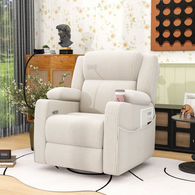 Fauteuil inclinable électrique Corduroy avec chaleur et massage, fauteuil berçant pivotant à 270 °, port de charge USB, support pour téléphone et porte-gobelet