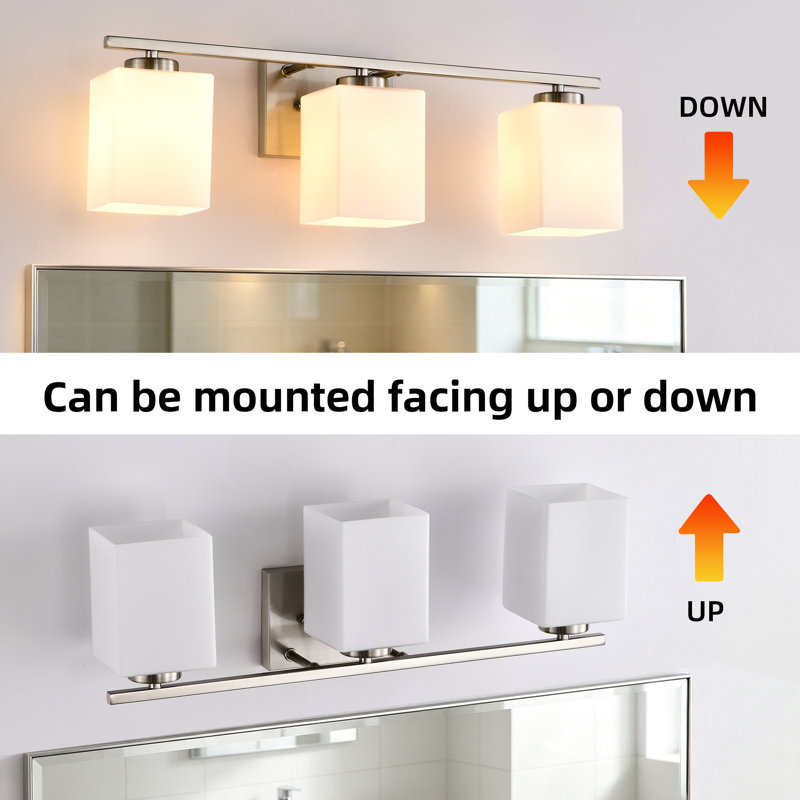 Indoor Bathroom Vanity Lights With Etched White Glass Square Rectangle Shades, 3 Lights, Brushed Nickel