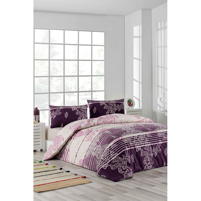 Elegant Ranforce Double Quilt Cover Set, Purple & White, 78.7 x 86.6 inches | 100% Cotton, 132 Thread Count | Machine Washable, Button Closure Duvet Cover & Envelope Pillowcases (2) | Stylish & Comfortable Bedding