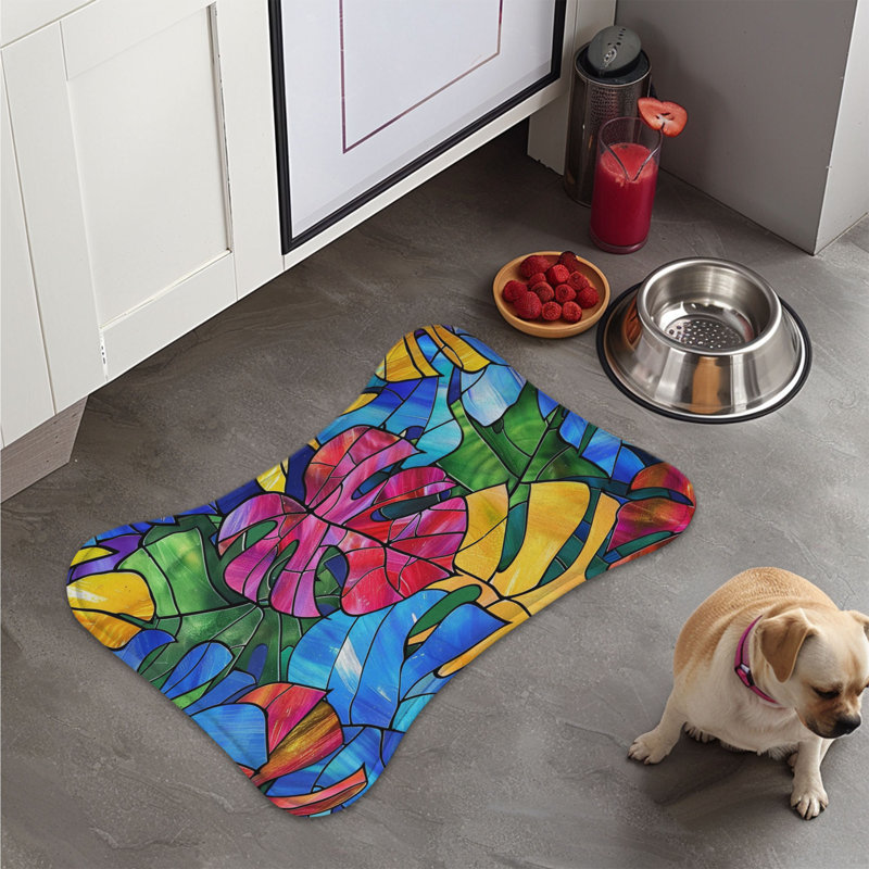 Stained Leaf Design - 1 Piece Bone Shape Feeding Mat, Small (14")