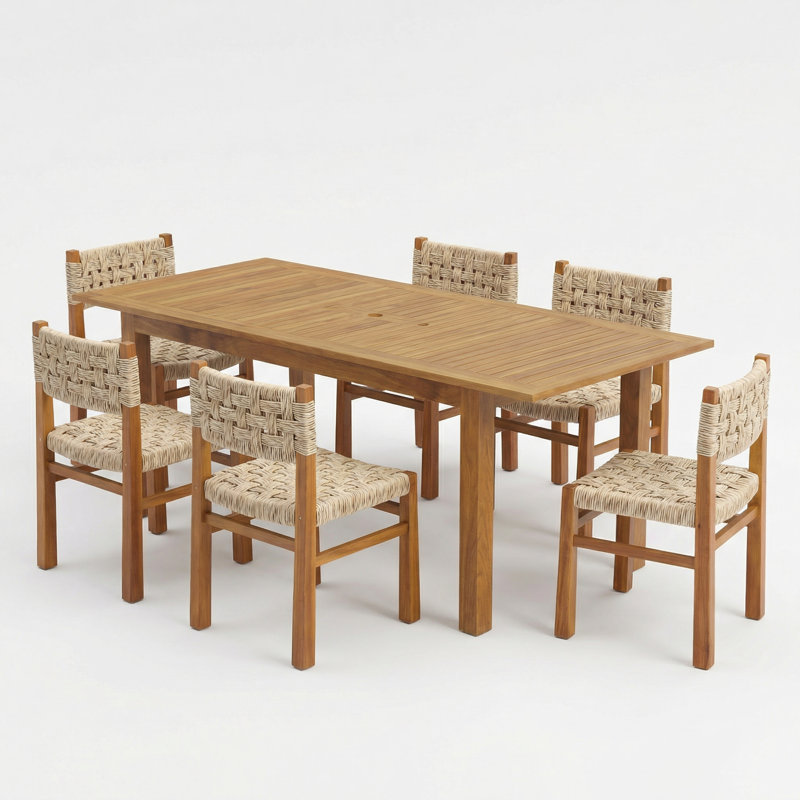 Hapeville Patio 6-Person Acacia Wood Dining Set With Wicker Weave & Expandable Table, 6, Light Gray Wicker/Teak