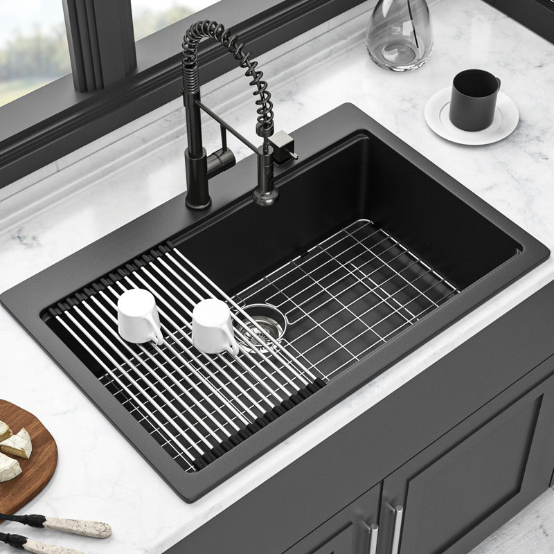 33X22" Black Quartz Workstation Drop - In Kitchen Sink, Made Of Advanced Quartz, Eliminates Vibration And Noise, Hard Non Porous Surface, Comes With Drying Rack Strainers Smooth Scratch, Reduces