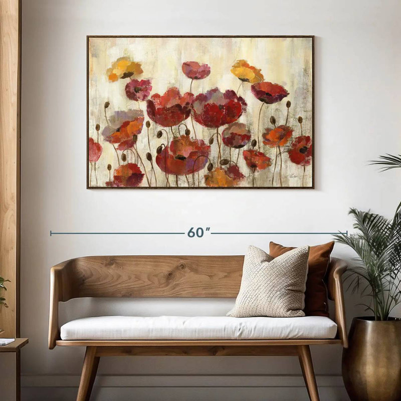 Coquelicots sous la pluie, 46 po x 31 po, Cadre flottant noyer