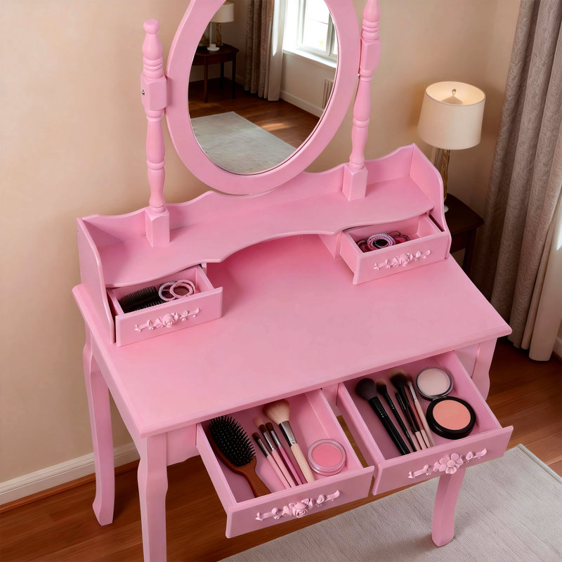Pink Princess Vanity Desk Set With Mirror & Cushioned Stool, 4-Drawer Wooden Makeup Vanity Table For Girls' Bedroom, Dressing Table With Ample Storage