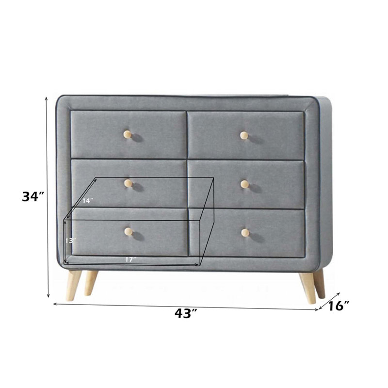 Commode 6 tiroirs Valda, tissu gris clair