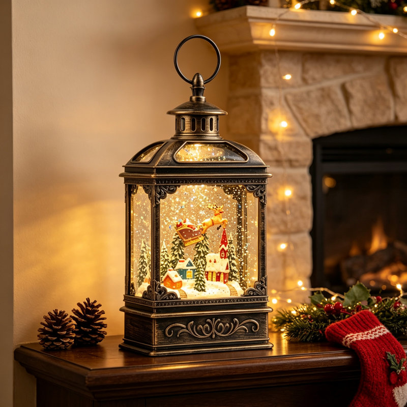 Musical Christmas Snow Globe Lantern with Swirling Glitter & Santa Sleigh