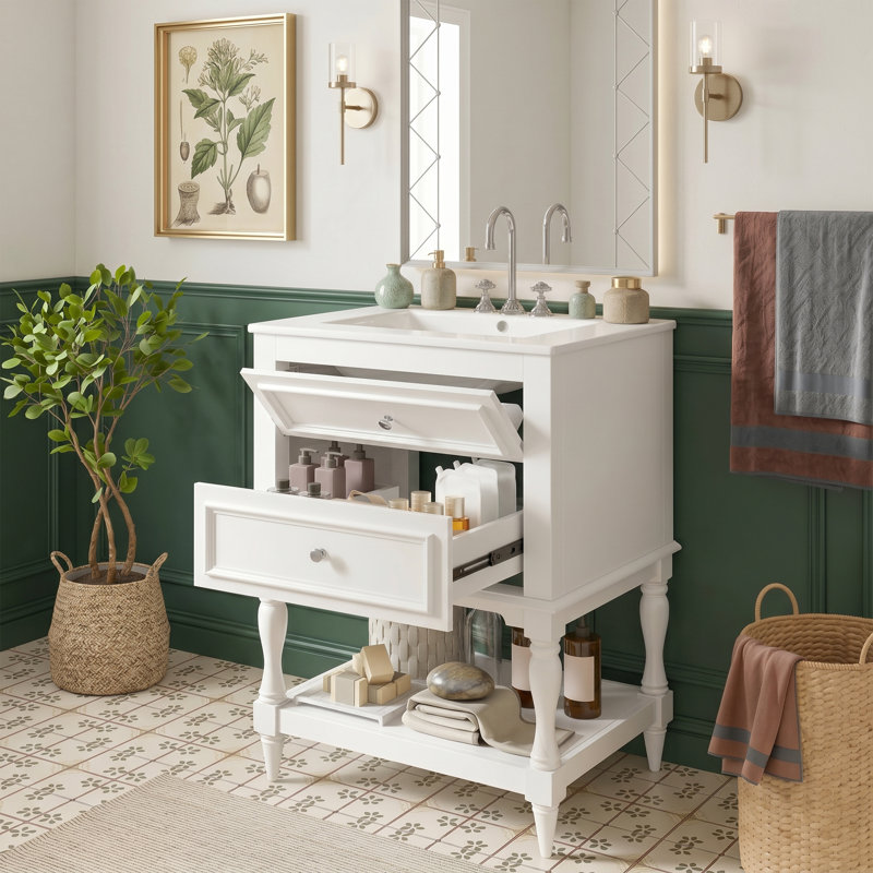 Meuble-lavabo de 24 po de conception rétro avec lavabo en céramique standard, blanc, 2 tiroirs et tablette ouverte, disposition de plomberie personnalisée, facile à nettoyer
