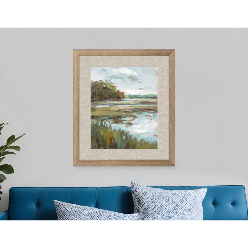 «Riverside View Watercolor Waterscape», art mural encadré