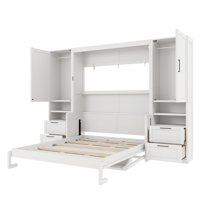 Grand lit escamotable mural avec garde-robe, tiroirs et tablettes, Blanc