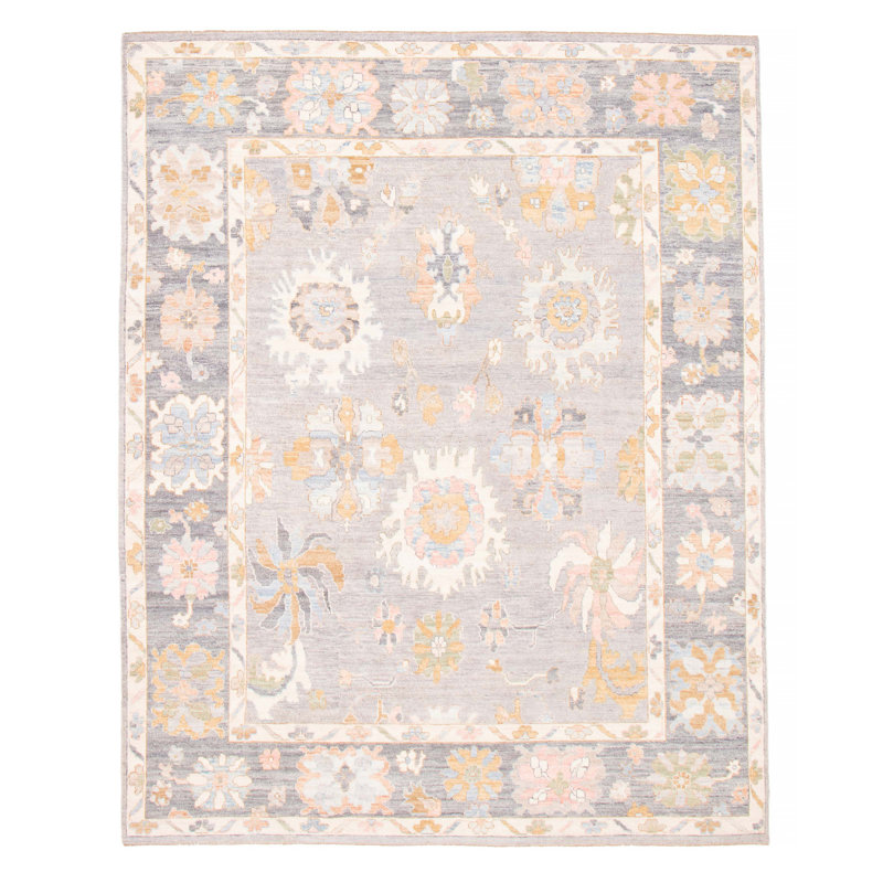 Tapis gris en laine noué à la main de conception unique 8 pi 0 po x 9 pi 10 po New Age