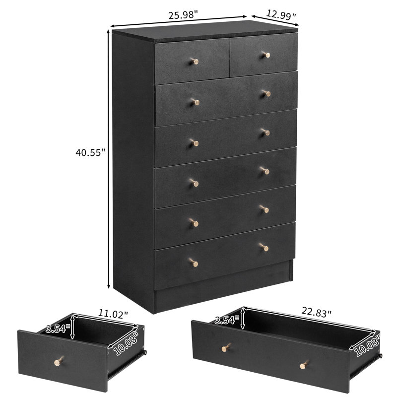 Commode 7 tiroirs 26 po Andice, Noir, noir, noir, noir