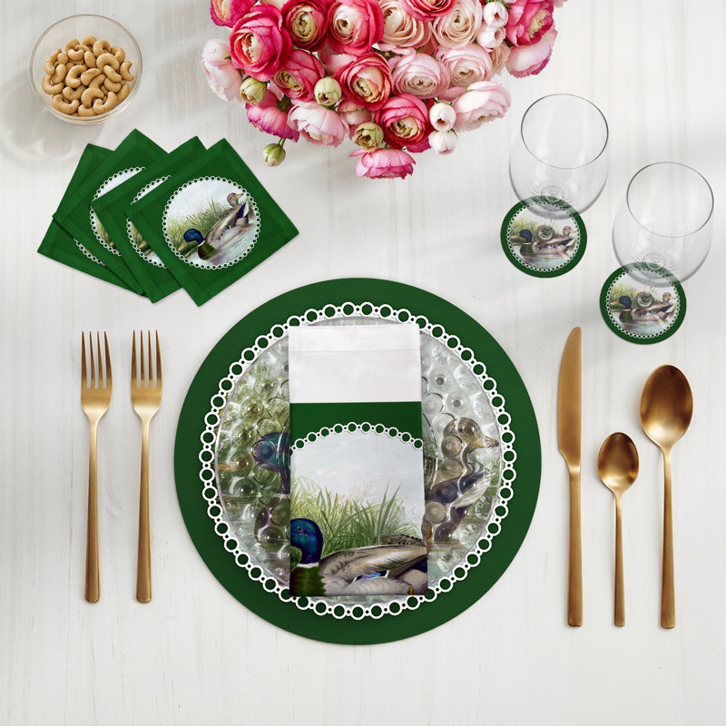 English Duck Pond Cotton Sateen Dinner Napkins, Green