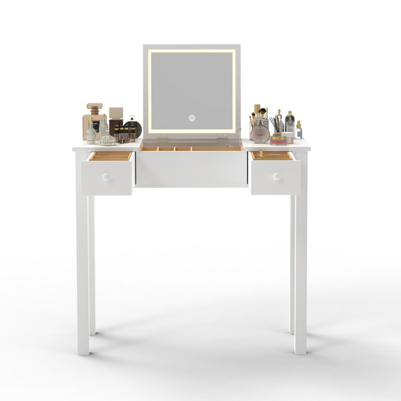 Sleek Vanity Table with LED Lights, Flip-Top Mirror and 2 Drawers, Jewelry Storage for Women Dressing, White