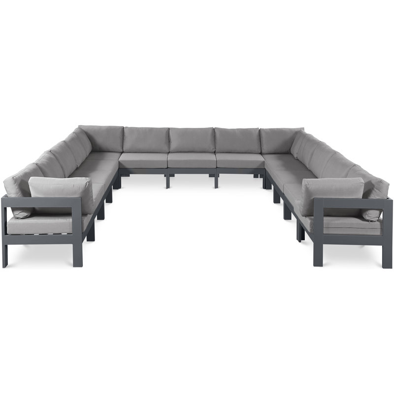 Canapé modulaire d'extérieur en forme de U avec coussins Lysandros, Gris, Gris foncé