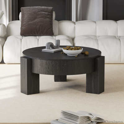 33" Round Burl Wood Storage Coffee Table with Hidden Compartment and Tri-Leg Base