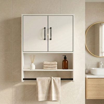 Wall Mounted Bathroom Cabinet With Towel Bar, White Storage Cabinet