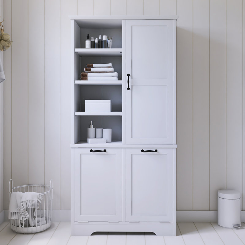 68" Tall Bathroom Storage Cabinet With Open Shelve, White