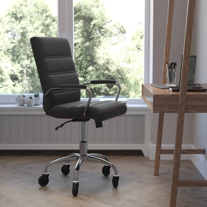Mid-Back Executive Swivel Office Chair with Arms, and Transparent Roller Wheels, Black, Chrome
