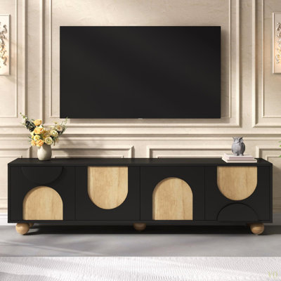 Meuble télé Farmhouse avec trous de câble pour téléviseurs de 75 po ou moins, console média de style crème avec dispositif de rebond, meuble audio-vidéo élégant avec 5 pieds en bois massif pour le salon, la chambre à coucher, l 69,6 po