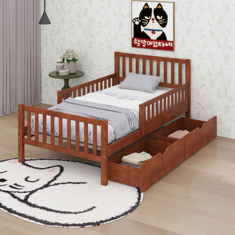 Wood Platform Bed With Guardrails On Both Sides And Two Drawers, Twin