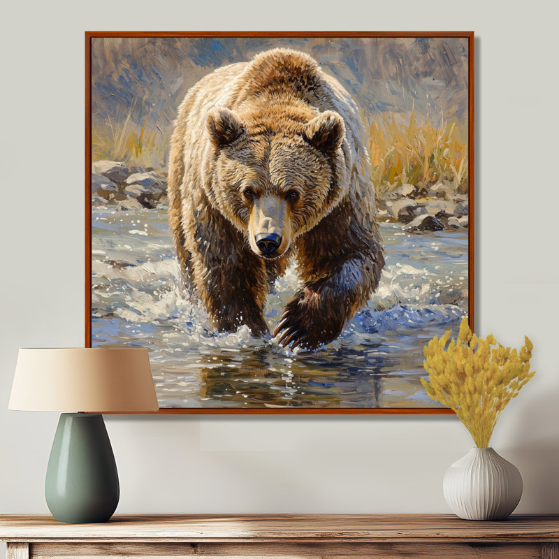 «Gennavive Grizzly By The River In Canada» - art mural grand ours, Impression encadrée flottante, H 36 po x l 36 po, Brun