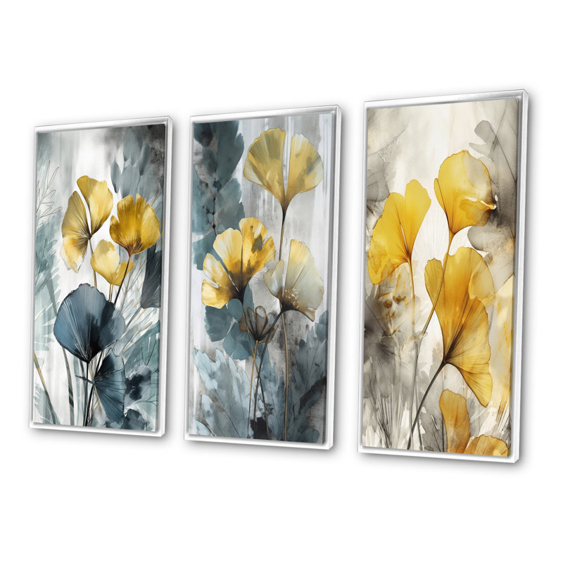 «Palm Tropical Ginkgo Artwork», 3 pièces, Cadre flottant blanc, H 40 po x l 60 po