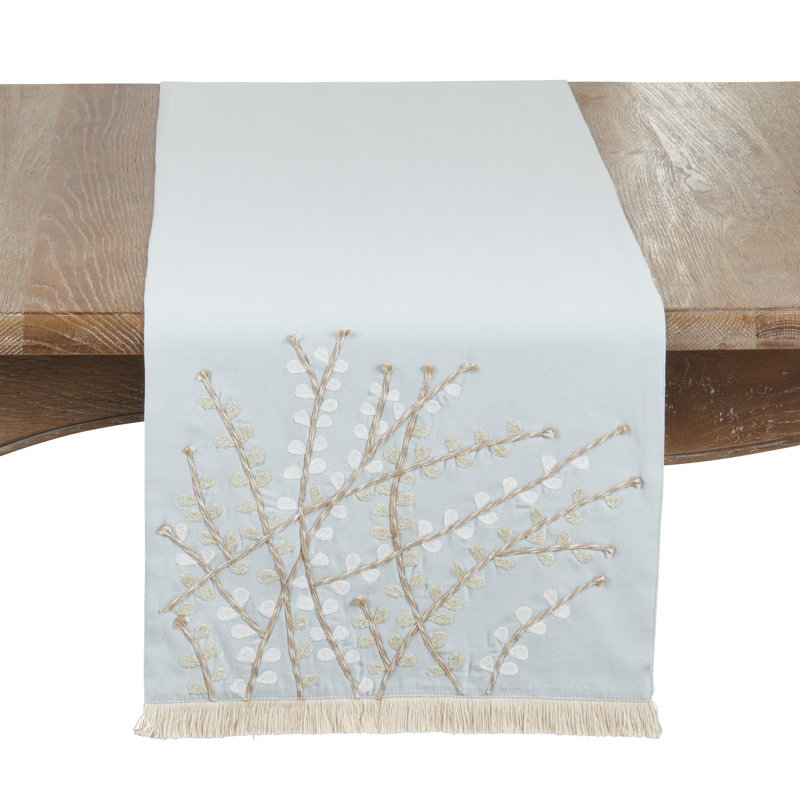 Embroidered Botanical Table Runner – Lined Decorative Table Runner with Fringe for Dining & Console Tables, 16"x72", Blue