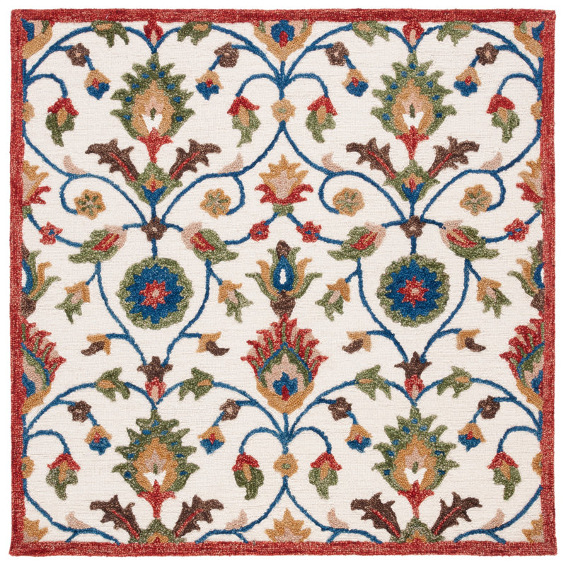 Blossom Hand Tufted Wool/Cotton Oriental Rug in Green/Ivory/Blue, Square 6'