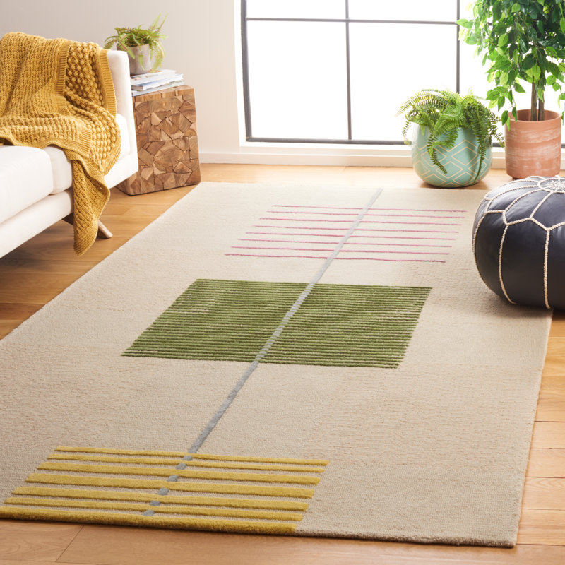 Genre Hand Tufted Wool/Cotton Striped Rug in Green/Beige, Rectangle 5' x 8'
