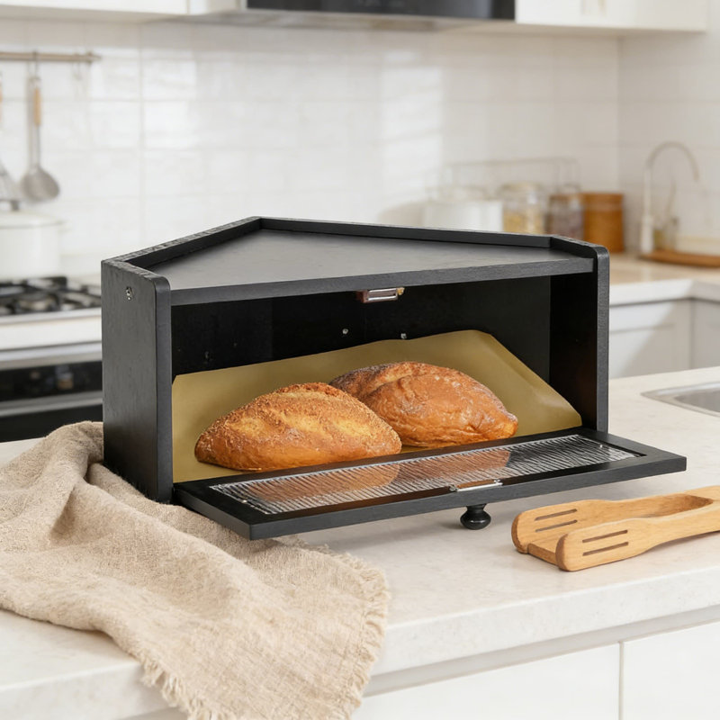 Boîte à pain en bois avec fenêtre pour comptoir de cuisine, contenant de rangement de pain d'angle avec évents de circulation d'air, joint magnétique et conception empilable pour plus de fraîcheur et d'économie d'espace