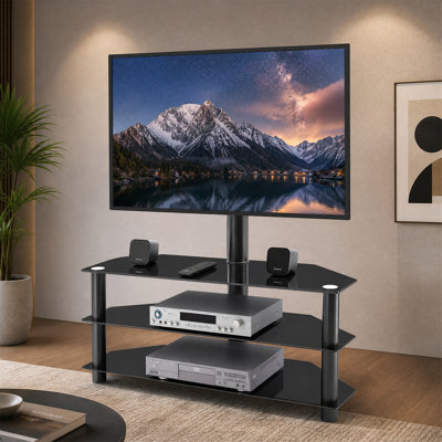 Meuble télé noir pivotant avec support réglable et tablettes en verre à 3 niveaux