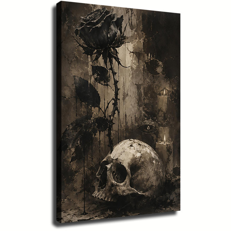 Rose noire vieillie et crâne humain avec bougies vacillantes - Toile murale gothique vintage pour l'Halloween, 20 x 24 po