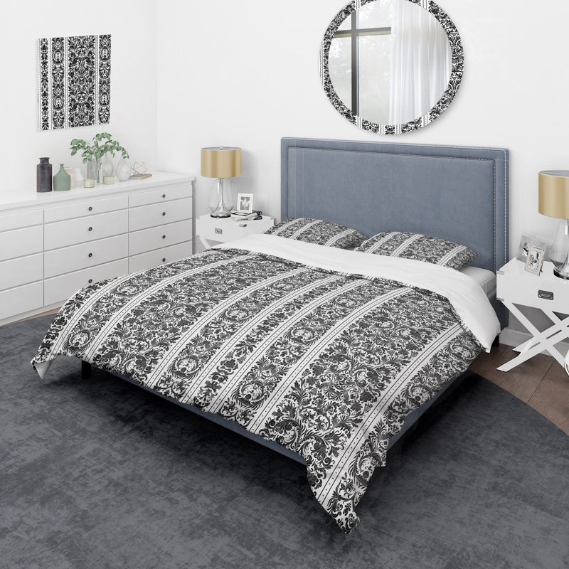 Fleur grise rayée - ensemble de housse de couette abstrait - polyester microfibre