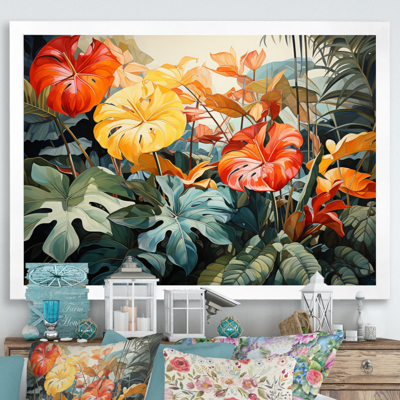 Orange tropical et feuillage vert I, H 24 po x l 32 po x P 1 po, Cadre photo blanc