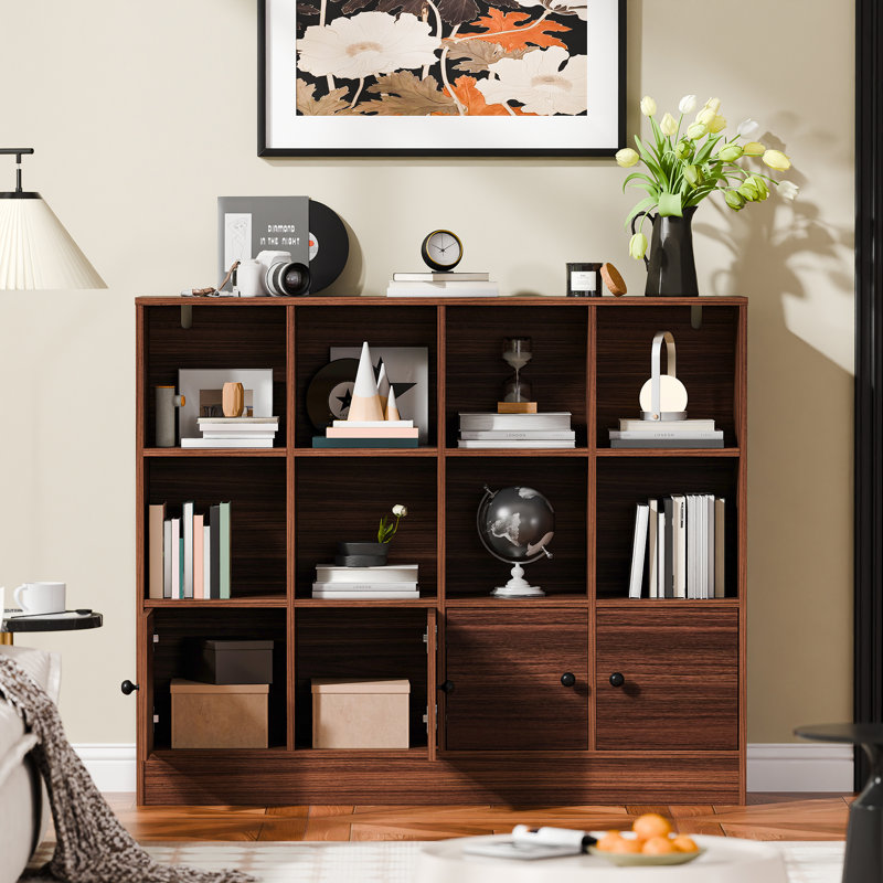40" H 12 Cube Bookcase with 4 Doors and Adjustable Shelves, Brown