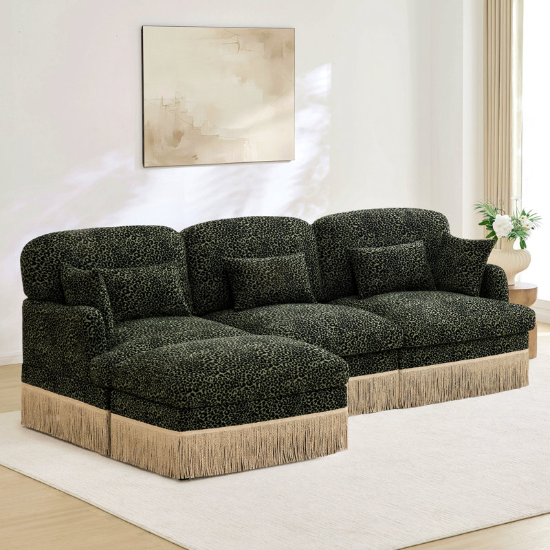 Canapé confortable en L de 100 po à imprimé léopard en chenille, délicat bord de pampille, repose-pieds mobile, style moderne, dossier et siège ergonomiques, assemblage facile, siège profond pour le salon, vert noir