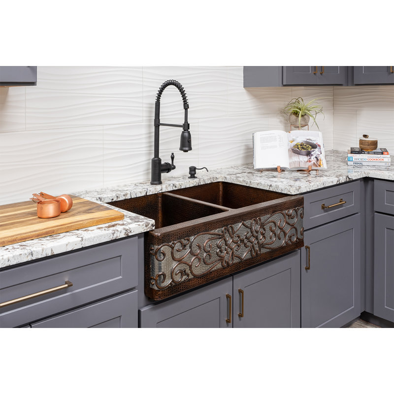 33" Hammered Copper Kitchen Apron 50/50 Double Basin Sink w/ Scroll Design and Apron Front Nickel Background with Matching Drains, and Accessories