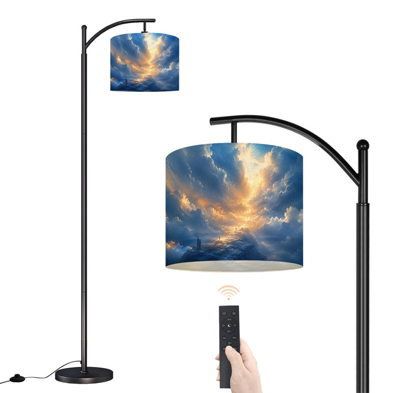  Lampe sur pied arc, paysage céleste dramatique, nuages dorés, lumière rayonnante, grand lampadaire moderne à DEL, abat-jour réglable en lin, 3 températures de couleur
