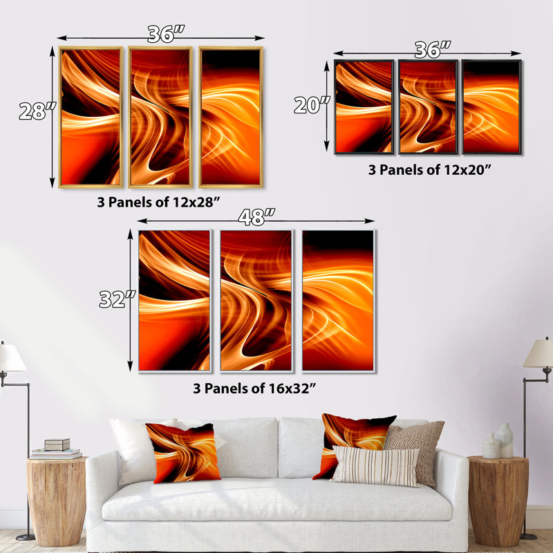 «Orange Abstract Warm Fractal Design», ensemble de 3 toiles abstraites encadrées, H 32 po x l 48 po x P 1 po, Cadre noir