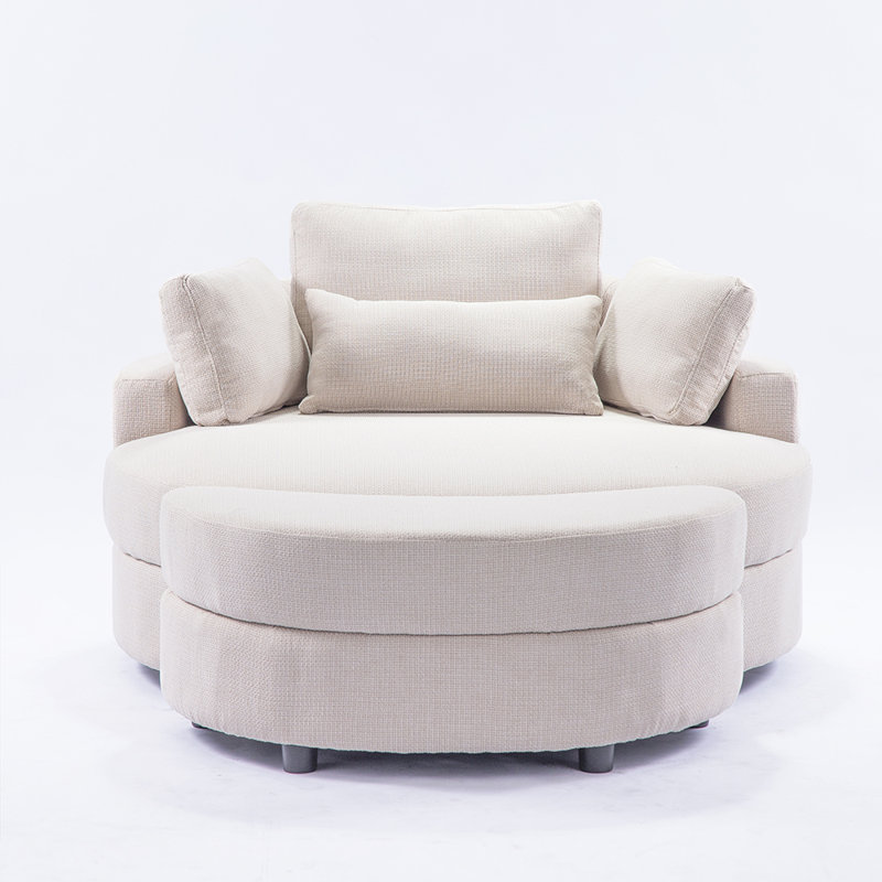 Dashton Upholstered Barrel Chair with Ottoman, Beige Linen