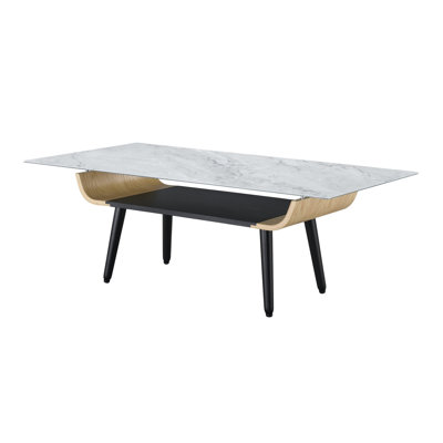 Table basse de 47 po avec plateau en marbre gris, bois cintré, pieds réglables et table solide, texture imprimée en 3D, tablette dichromatique