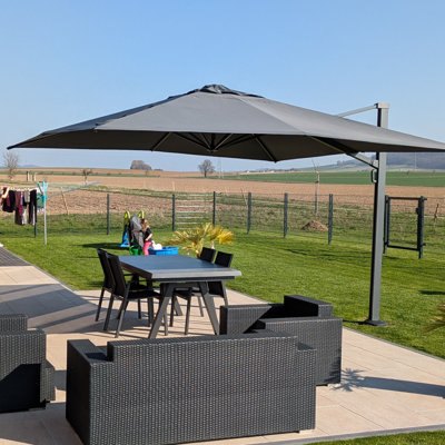 12' Square Cantilever Umbrella With Crank Lift Counter With Base In Ground,Gray